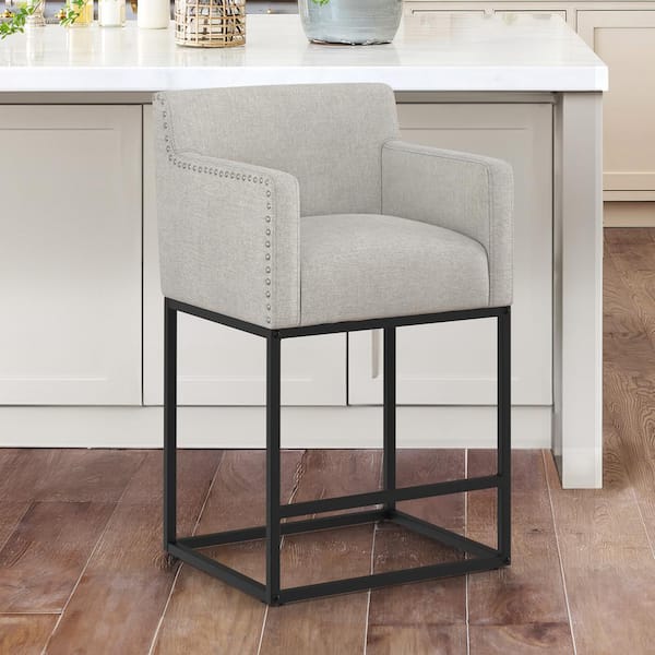 LUE BONA Luna 26 in. Gray Fabric Upholstered Counter Height Bar Stool with Black Metal Frame Square Counter Stool