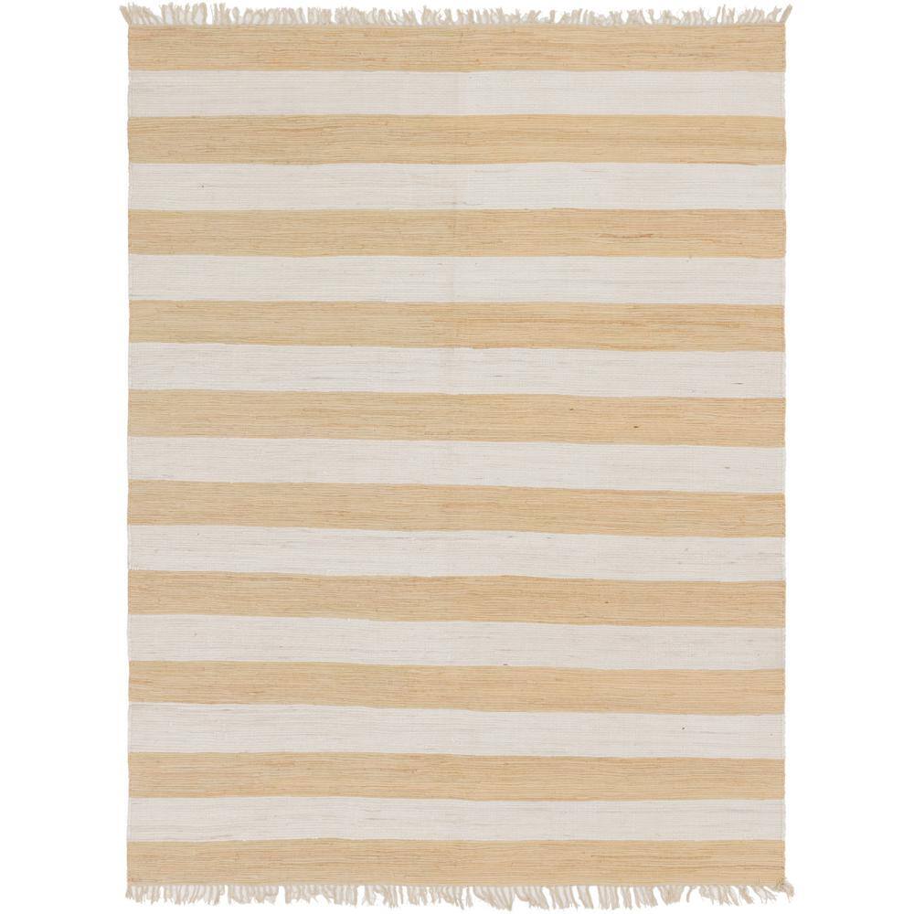 Handwoven Beige Stripe Braided Chindi Rag Rug 9' x 12'