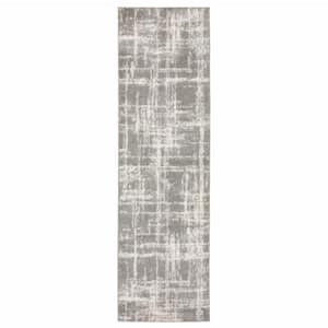 2' X 8' Grey And Ivory Abstract Shag Power Loom Stain Resistant Runner Rug