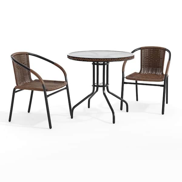 3-Piece Glass Round Outdoor Bistro Set in Clear Top/Dark Brown Rattan