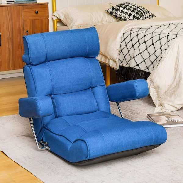 Costway 28.5 in. Straight Arm Fabric L-Shaped Sofa in Blue Adjustable Lazy Sofa with 6-position Head/Lumbar/Seat