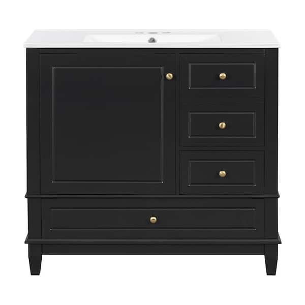36 in. Single Sink Freestanding Black Bath Vanity with White Ceramic Sink Top