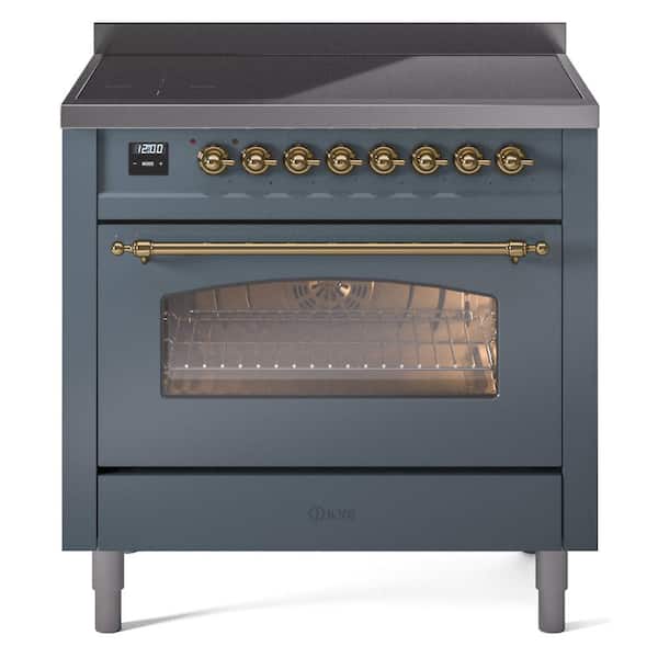 Nostalgie II 36 in. 6 Zone Freestanding Induction Range in Blue Grey with Brass
