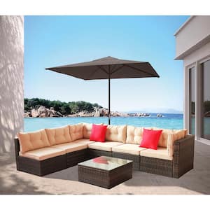 7-Piece Brown Steel Wicker PE Rattan Patio Outdoor Sectional Sofa Set with Shallow Brown Cushions .