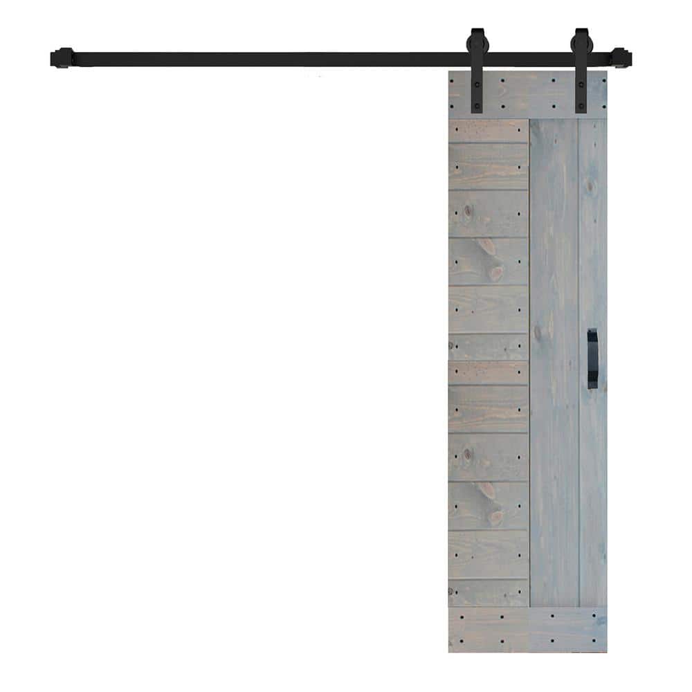 French Gray Paneled Solid Wood Sliding Barn Door Kit with Black Hardware