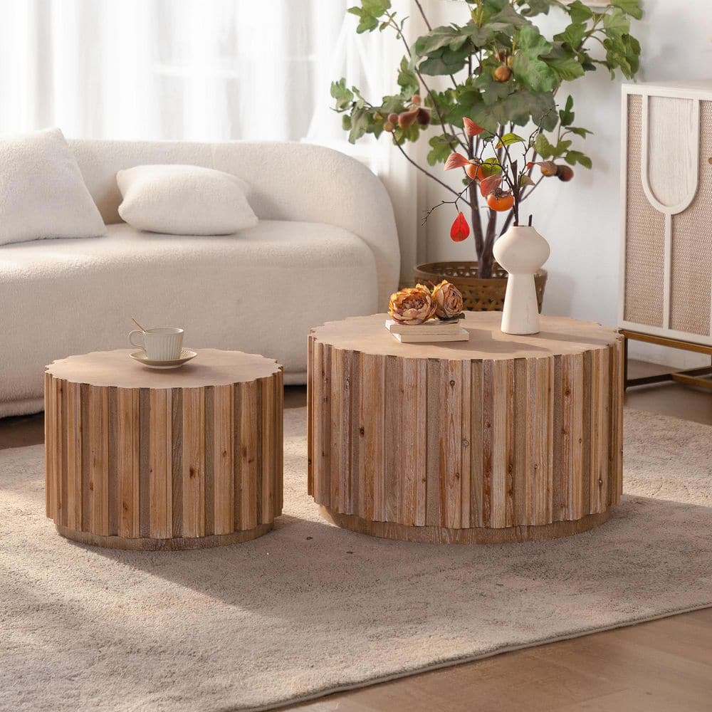 27.56 in. Natural Round MDF Wood Nesting Coffee Table with 2 Pieces, Accent Tables with Vertical Slatted Body