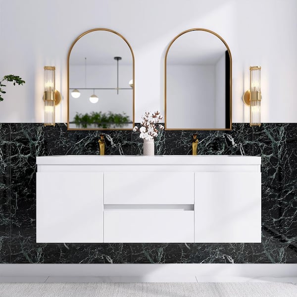 JimsMaison 60 in. W x 20 in. D x 23 in. H Double Sinks Wall Mounted Bath Vanity in White with White Cultured Marble Top