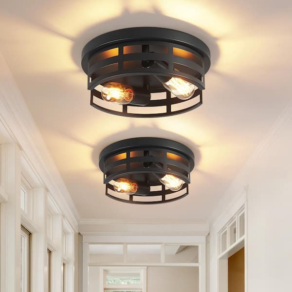 11 in. 2-Lights Matte Black Flush Mount Ceiling Light Fixtures with Cage-style Metal Frame