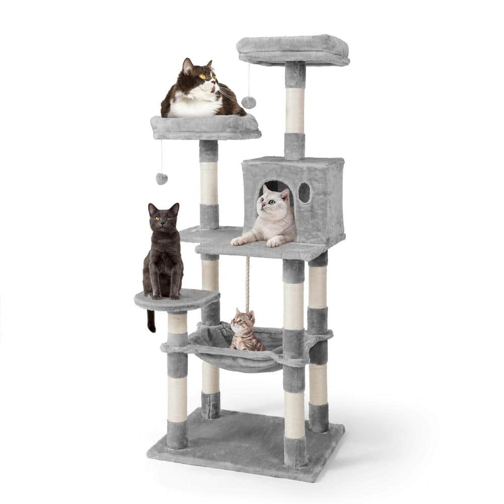58-Inch Light Grey Multi-Level Cat Activity Tree with Sisal Posts
