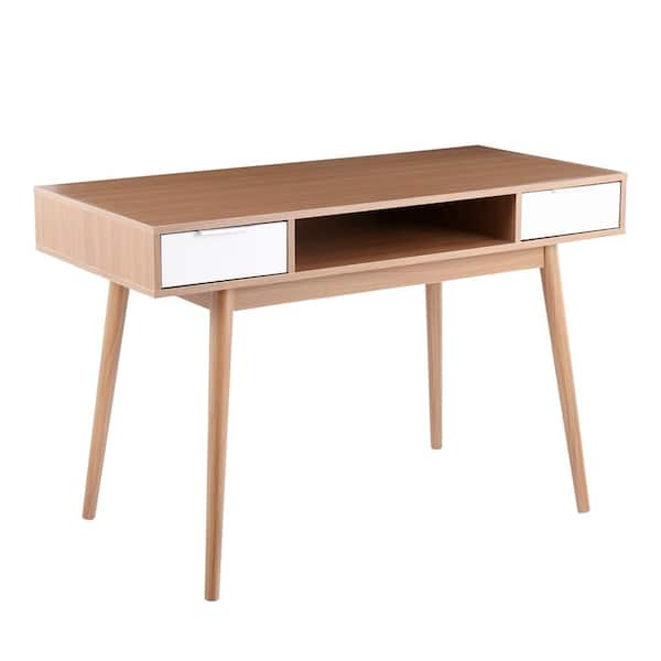 Lumisource Pebble Double 47.25 in. Rectangular Natural and White Wood 2-Drawer Computer Desk with Shelf