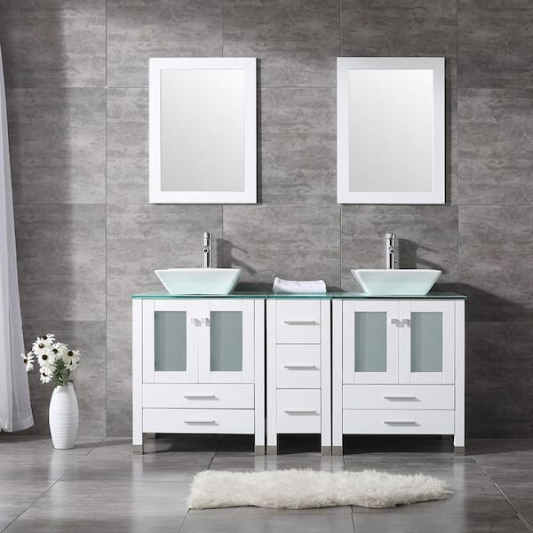 60.6 in. D x 21.3 in. W x 29.5 in.H Double Sink White Bathroom Vanity Big Storage Bathroom Vanity Green Glass Top Mirror