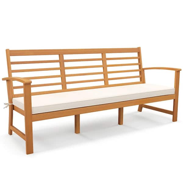 Gymax 3-Person Patio 64 in. Wood Outdoor Bench with White Cushion Slatted Seat and Backrest