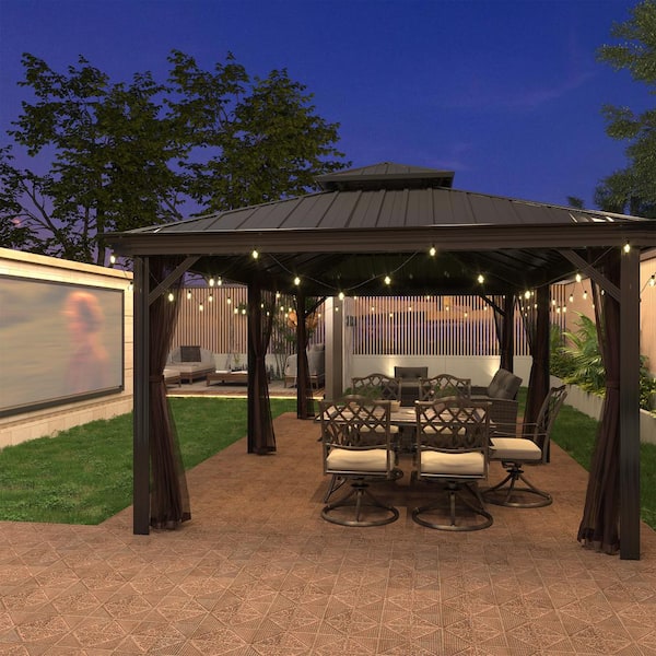 12 ft. x 20 ft. Outdoor Aluminum Frame Patio Gazebo Canopy Shelter with Iron Double Hardtop Pavilion, Mosquito Netting