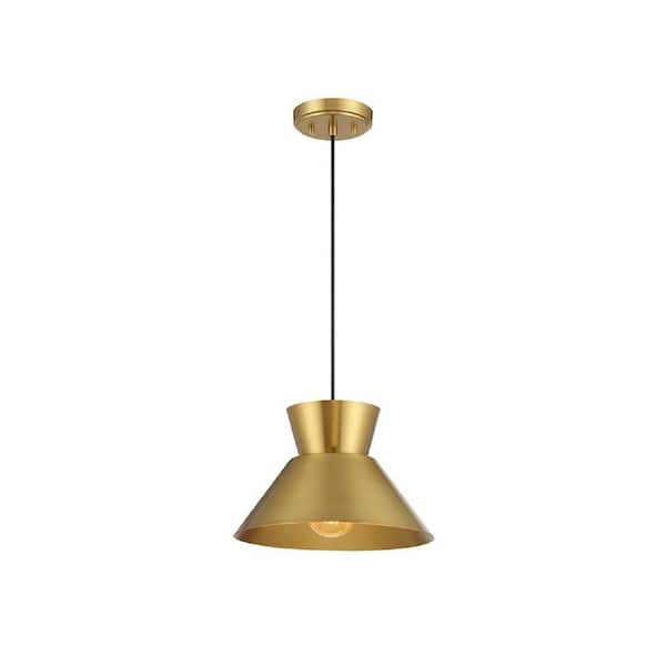Meridian 12 in. W x 7.75 in. H 1-Light Natural Brass Mid-Century Modern Pendant Light with Metal Shade, No Bulb Included