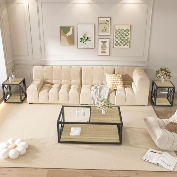 40in Industrial Modern Natural Wood&Black Rectangle Tempered Glass Coffee Table with X-Frame&Hybrid Top