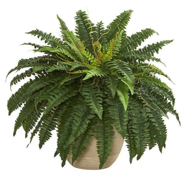 Nearly Natural Indoor 22 in. Boston Fern Artificial Plant in Sandstone Planter