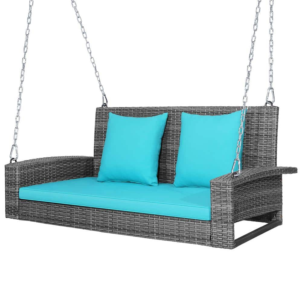 2-Person PE Wicker Hanging Porch Patio Swing Bench Chair with Turquoise Cushion -  Costway, HW69619TU