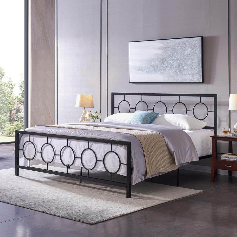 Flat Black Modern Iron King Bed Frame with Circular Pattern