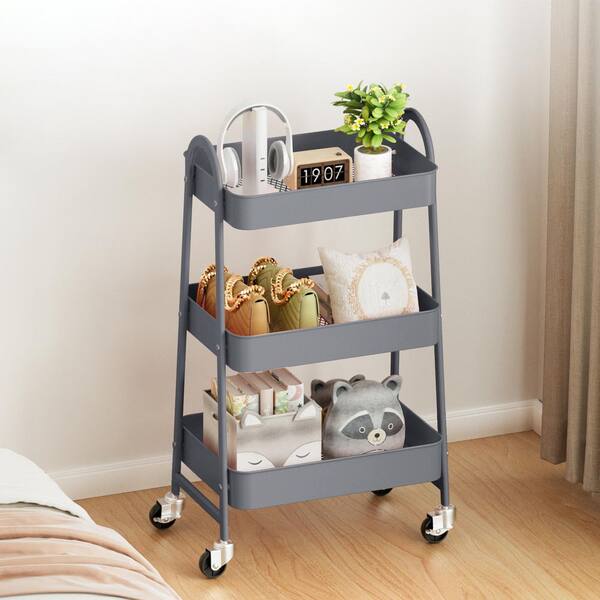 Tileon 3-Tier Gray Metal Rolling Cart, Utility Storage Organizer