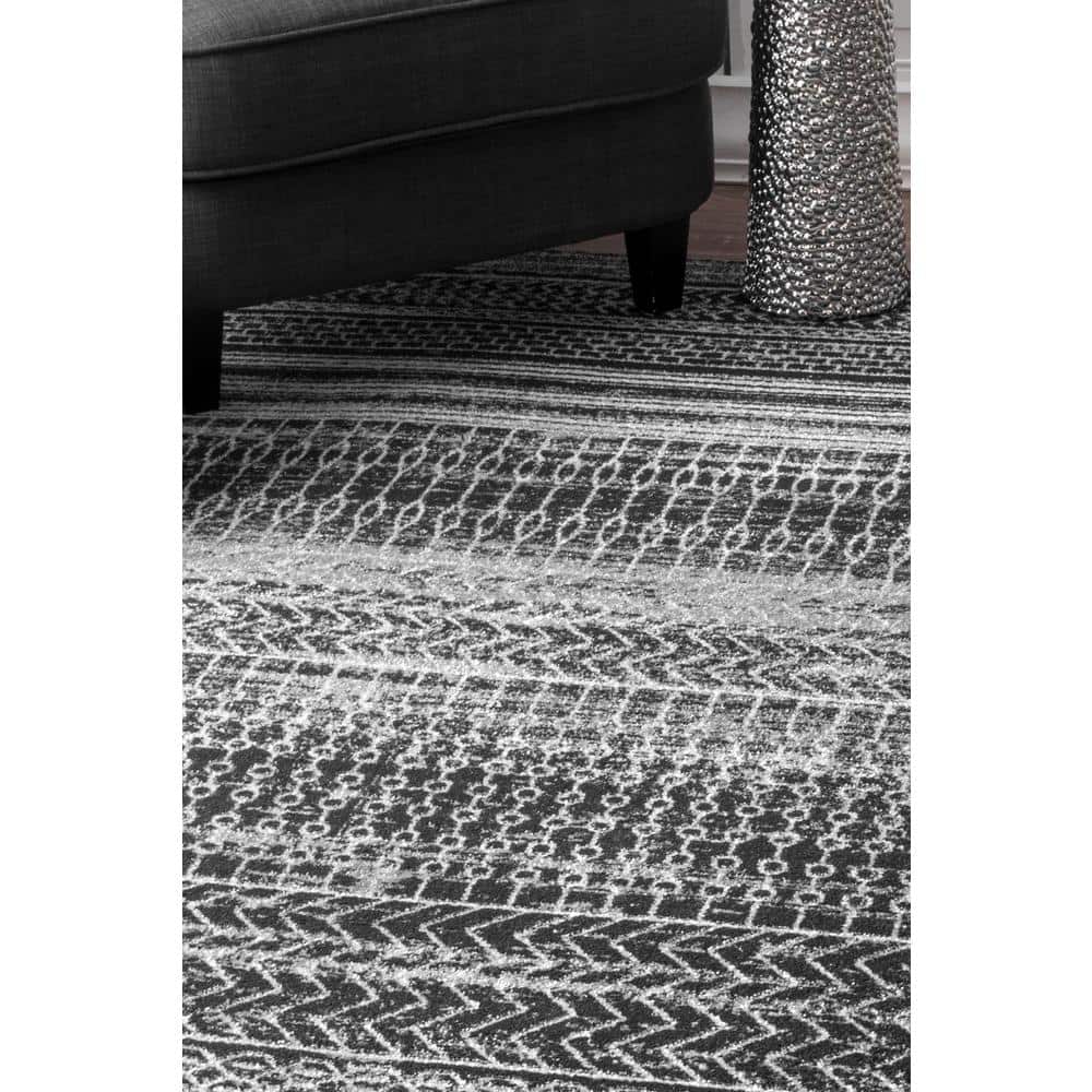 Reversible Dark Gray Synthetic Stripe Area Rug, 6' 7" x 9'