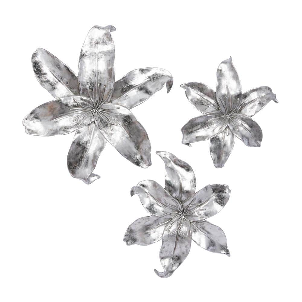 Silver Resin 3D Floral Wall Sculpture Set of Three