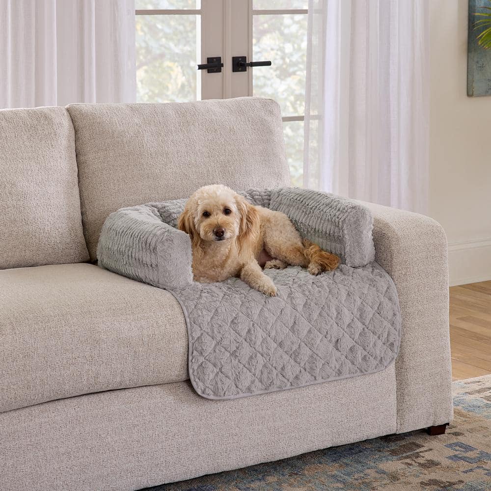 Large Gray Faux Fur 3-Sided Bolster Pet Bed Couch Protector