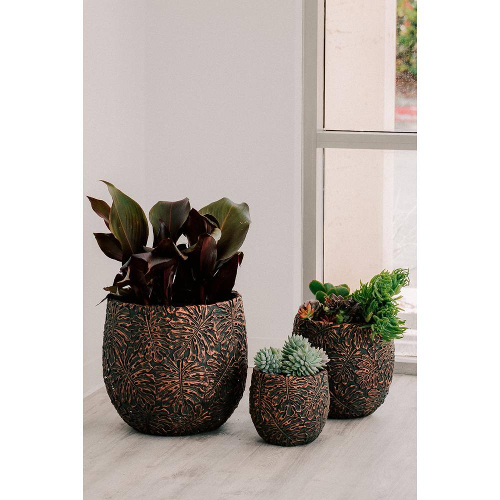 Set of 3 Round Brown and Bronze Fiberstone Outdoor Planters