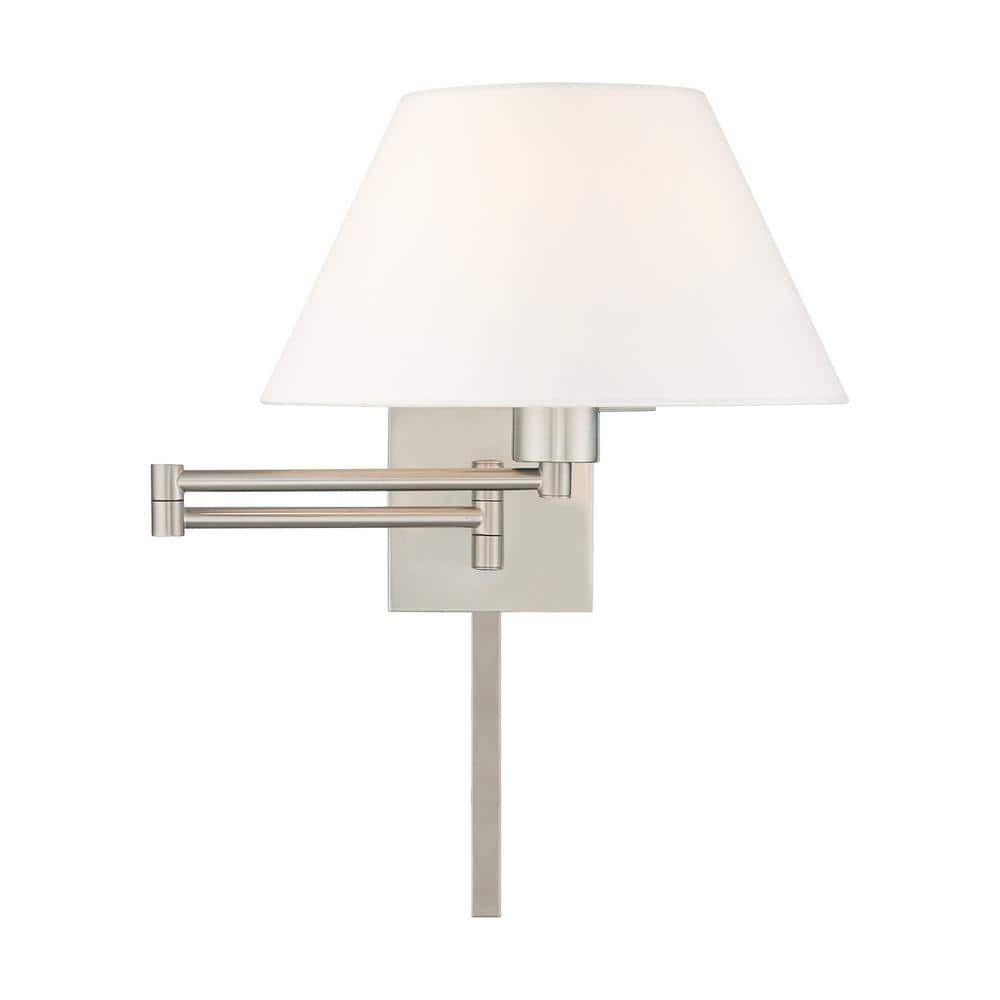 Brushed Nickel Swing Arm Wall Lamp with Off-White Fabric Shade