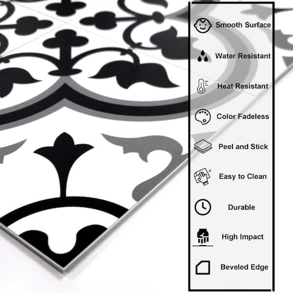 Patterned 12 in. x 12 in. Black Peel and Stick Encaustic Backsplash Vintage Tile (10-Tiles, 10 sq. ft.)