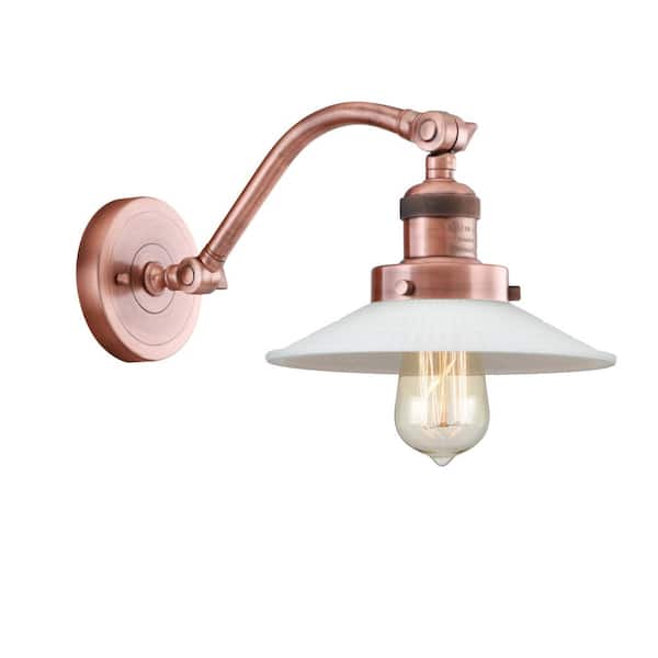 Halophane 1-Light Matte White Halophane, Antique Copper Wall Sconce with White Glass Shade