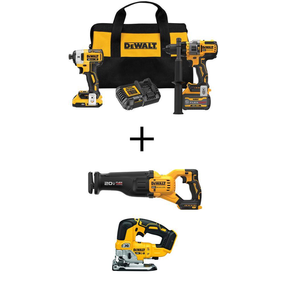 DEWALT 20V MAX Cordless Brushless Hammer Drill/Driver Combo Kit, 20V Reciprocating Saw, and 20V Jigsaw -  DCK2100W386334