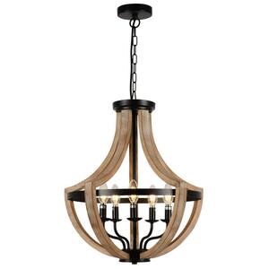 5-Light Brown Wood Farmhouse Chandelier Light Fixture with No Bulbs Included
