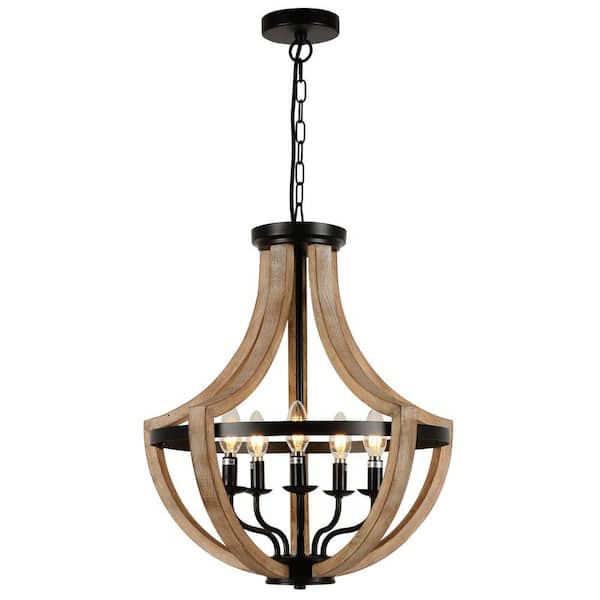 Amucolo 5-Light Brown Wood Farmhouse Chandelier Light Fixture with No Bulbs Included