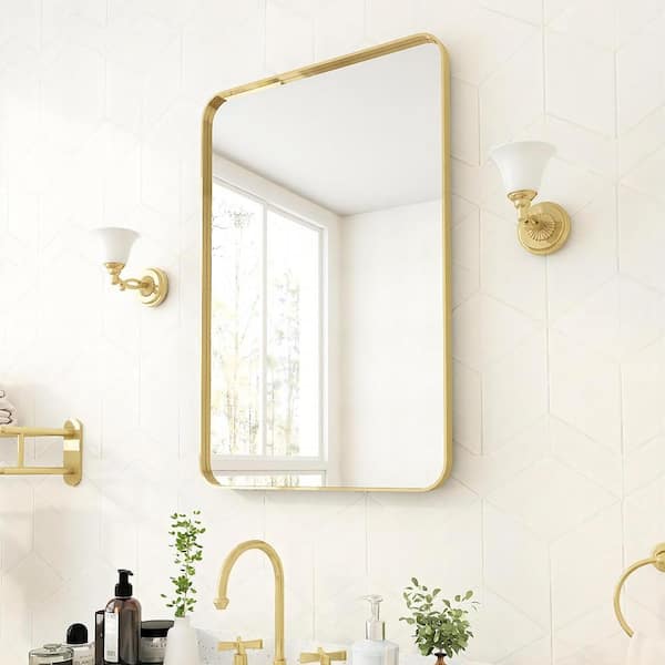 24 in. W x 36 in. H Rectangular Aluminum Framed Wall Bathroom Vanity Mirror in Gold