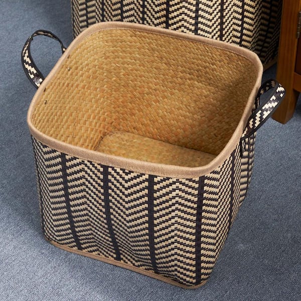 Square Woven Wicker Decorative Basket Storage Basket with Handles