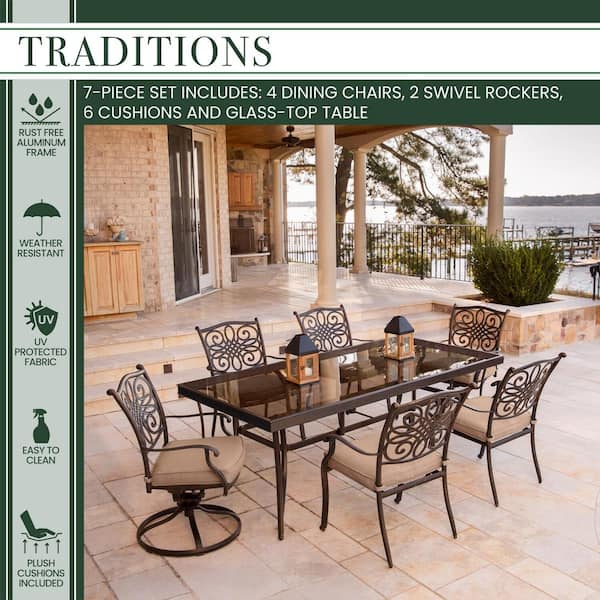 Hanover 7 Piece Aluminum Outdoor Dining, Glass Top Outdoor Dining Table Set