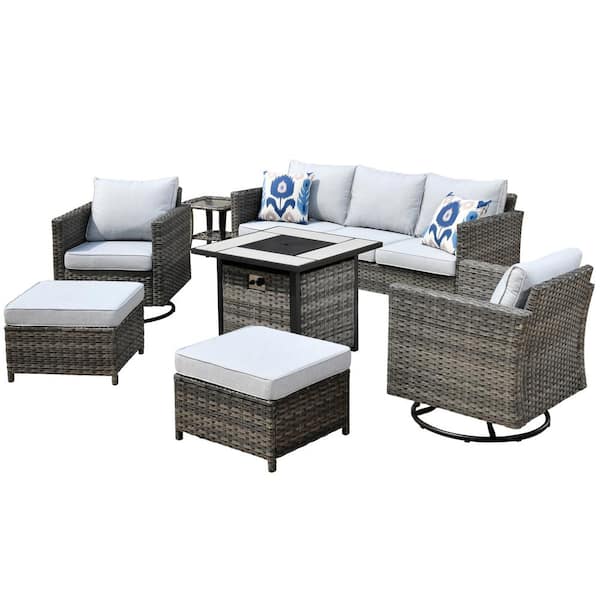 New Vultros Gray 7-Piece Wicker Patio Fire Pit Conversation Seating Set with Gray Cushions Swivel Rocking Chairs