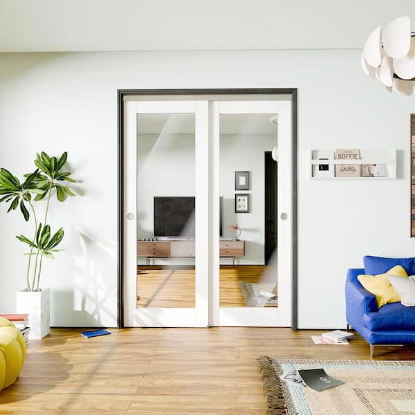 60 in. x 80 in. (Double 30 in.) MDF, Wood, White Primed 1-Lite Mirrored Glass 2-Sided Interior Door with Bypass Hardware