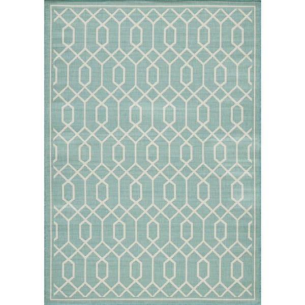 LOOMAKNOTI Breyleigh Chendler Teal 6 ft. 7 in. x 9 ft. 2 in. Geometric Polypropylene Indoor/Outdoor Area Rug