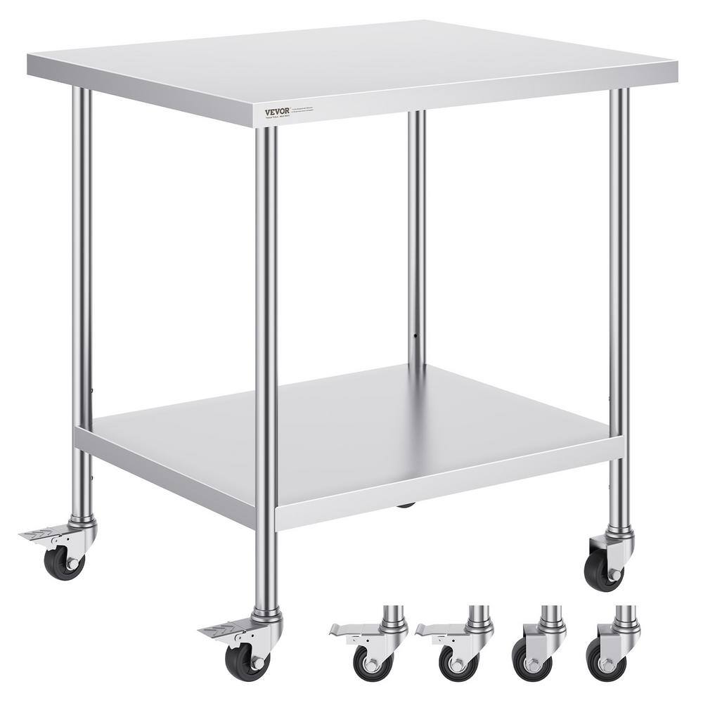 VEVOR 30 in. x 36 in. x 38 in. StainlessSteel Commercial KitchenPrep Table w/4-Wheels 3-Adjustable HeightPrep Worktable Silver