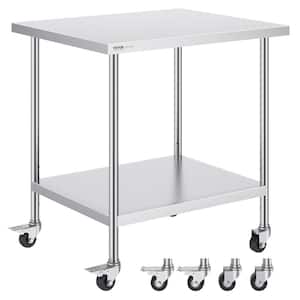 30 in. x 36 in. x 38 in. StainlessSteel Commercial KitchenPrep Table w/4-Wheels 3-Adjustable HeightPrep Worktable Silver