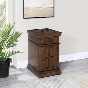 14 in. Oak Finish Rectangle Wood Side Table with Drawer, Glass Door and Power Strip