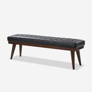 Paula 55.5 in. Wide Black Genuine Leather Bedroom Bench with Solid Wood Base