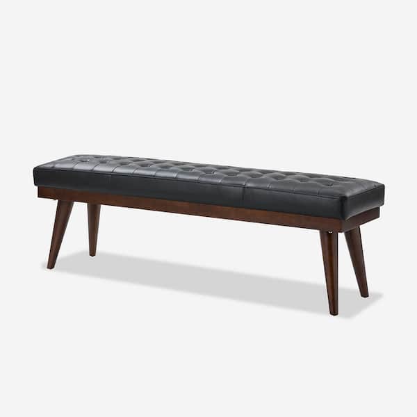 JAYDEN CREATION Paula 55.5 in. Wide Black Genuine Leather Bedroom Bench with Solid Wood Base