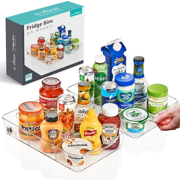 Clear Large Roll Out Fridge Organizers with Dividers & Handles, 9" L x 14" W x 3" H Fridge Storage on Wheels 2 Pack