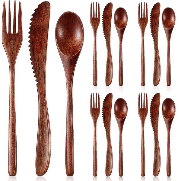 12-Piece Natural Wood Flatware Cutlery Set, 4 Wooden Spoons, 4 Forks, 4 Knives for Dining and Tableware