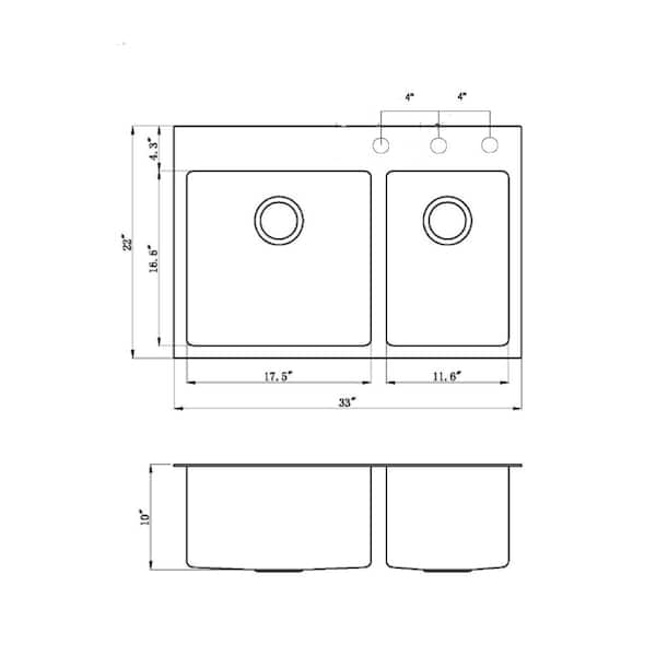 CozyBlock 33 x 22 x 9 Inch 60/40 Offset Top-mount / Drop-in Stainless Steel