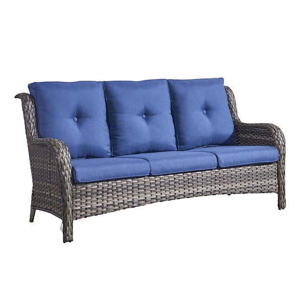 Pocassy 3 Seat Wicker Outdoor Patio Sofa Couch with Deep Seating and Cushions, Suitable for Porch Deck Balcony(Gray/Blue)
