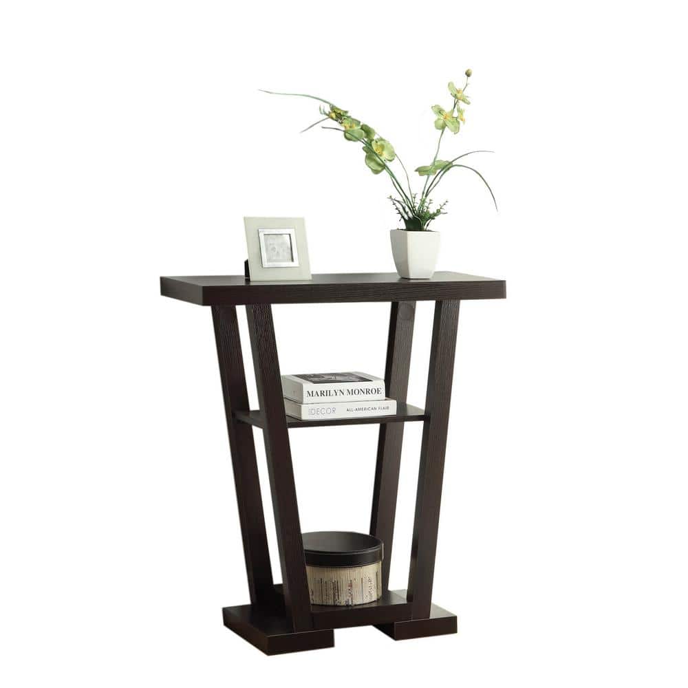 Espresso Wood V-Shape Console Table with Storage Shelves