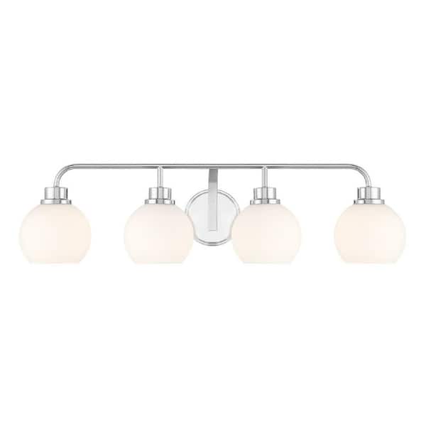 Meridian 32 in. W x 8.25 in. H 4-Light Chrome Contemporary Bathroom Vanity Light with White Opal Glass Shades